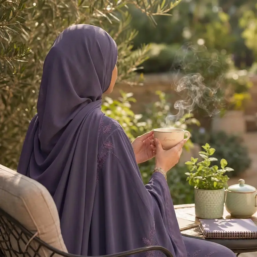 Asma Ahmad, a fair-complexioned African woman in a dark dusty-purple jilbab, holding a steaming Lumina tea cup and turned away in a sunlit garden