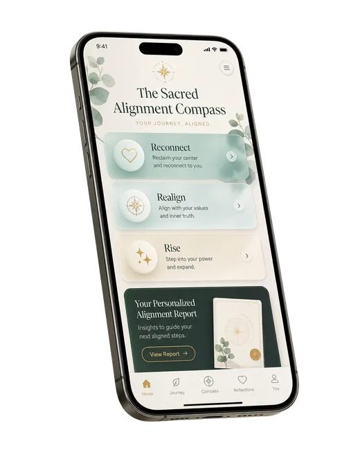 The Sacred Alignment Compass app shown on a phone with Reconnect, Realign and Rise journey cards