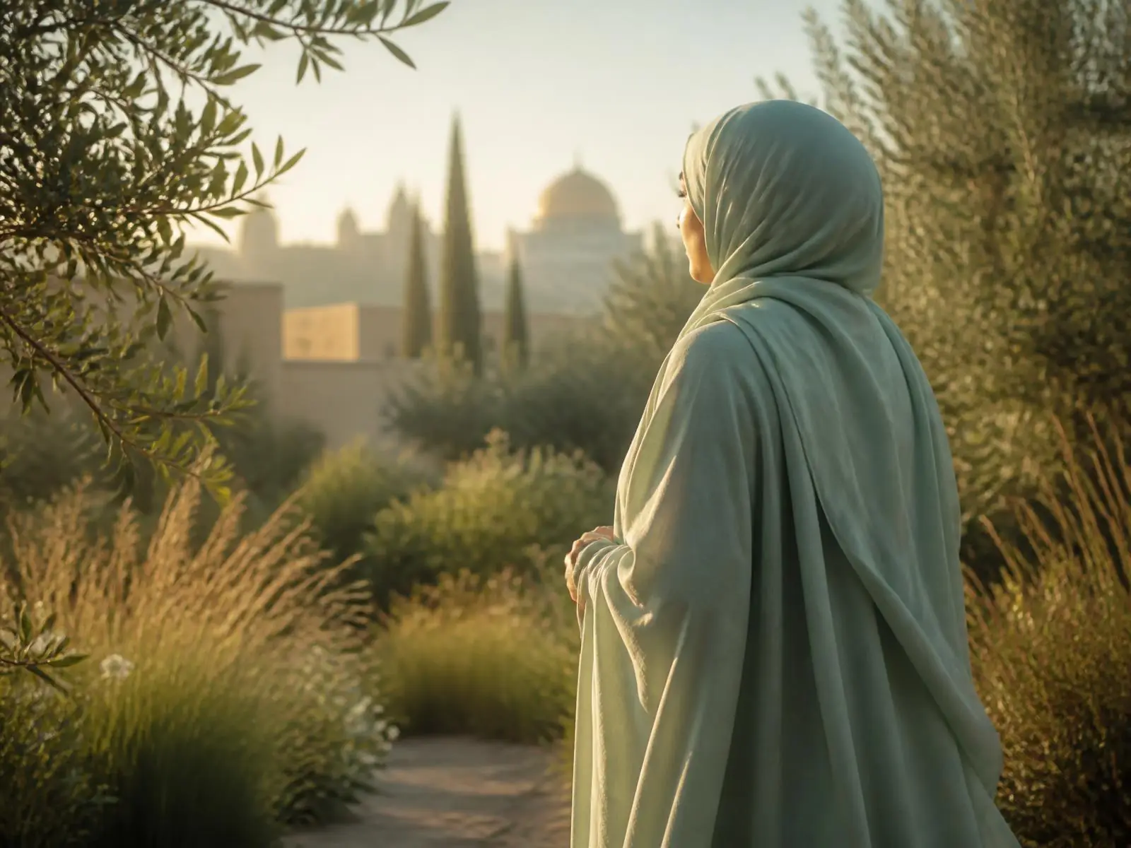 A woman in a flowing sage abaya standing in a sunlit garden of olive trees