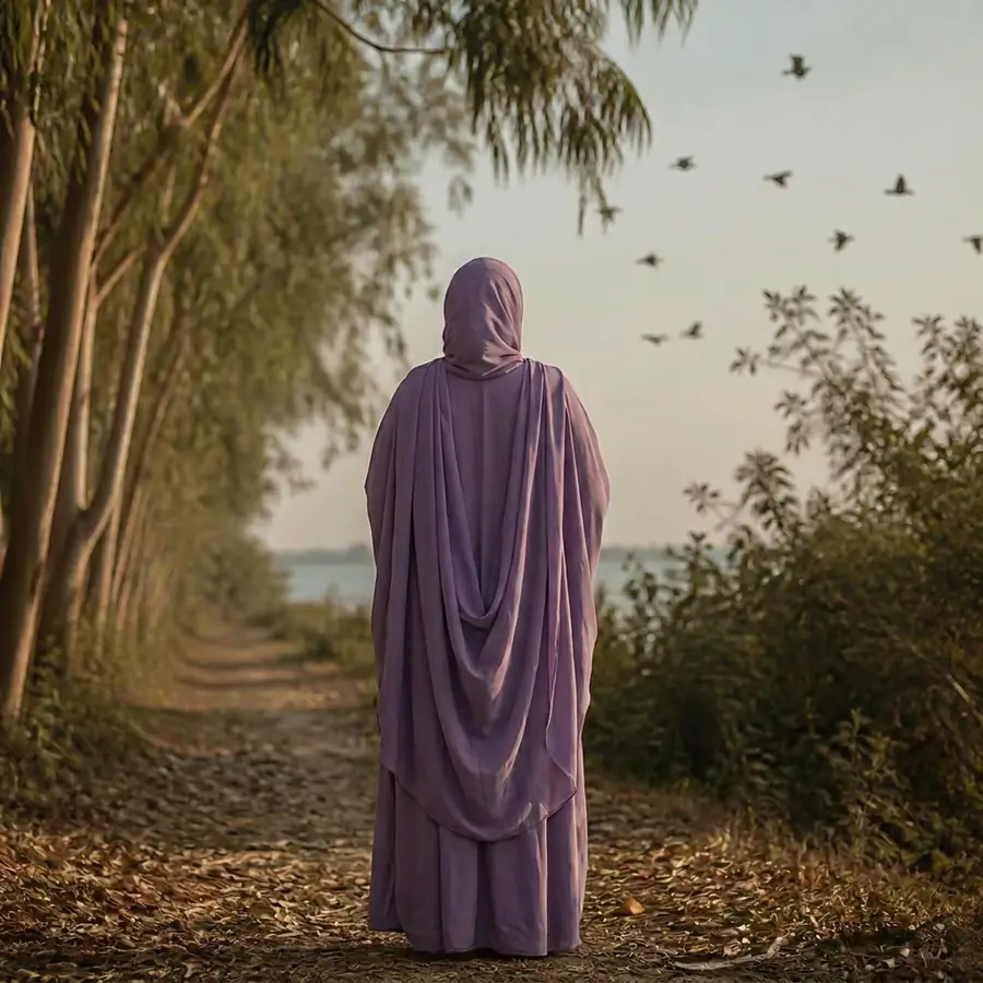 A woman in a flowing dusty purple abaya and sheila with hair fully covered, face turned away, walking a quiet tree-lined path at golden hour