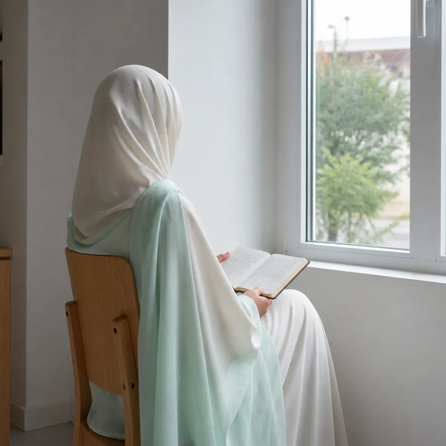 A woman in a soft mint and cream hijab sitting quietly beside a bright window with an open journal, turned away from the camera