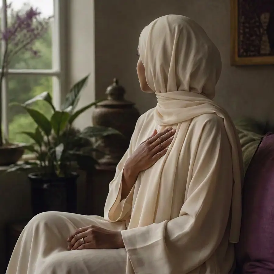 A young woman in a cream abaya and sheila resting her hand over her heart beside a sunlit window