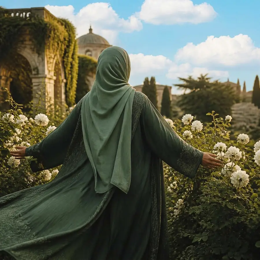 A woman in a flowing green robe standing among white roses in an evening garden